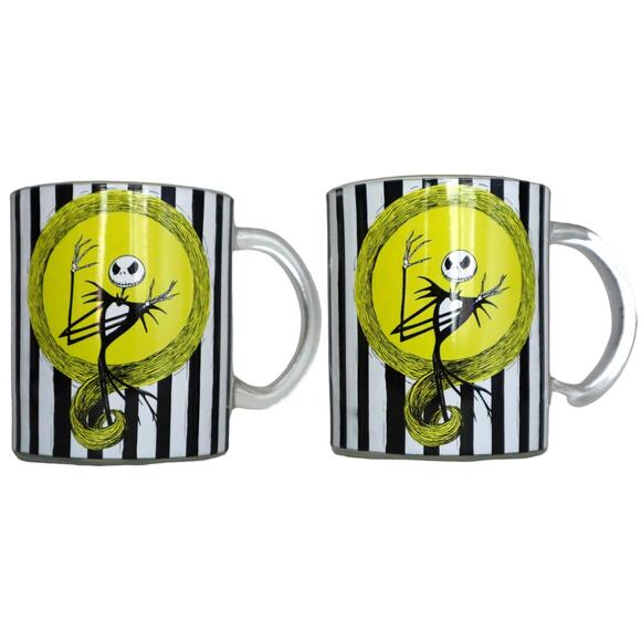 NEW Disney Jack Skellington Clear Glass Mugs Coffee Tea Striped SET of 2 - Picture 1 of 9